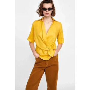 Zara Woman Mustard Yellow Linen Front Twist Faux Wrap Top Casual Blouse Size S